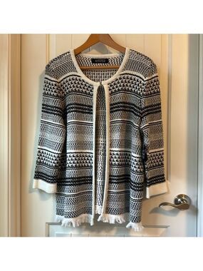 Kasper Women’s Open Front Cardigan Black/White Knitted pattern 3/4 sleeve Size L